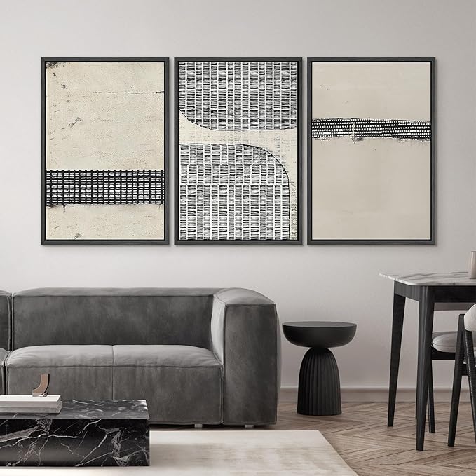 SIGNWIN Framed Canvas Print Wall Art Set Black Tan Grunge Grid Polygon Pattern Abstract Shapes Cozy Neutral Decorative Contemporary Minimal for Living Room, Bedroom, Office - 16"x24"x3 Black