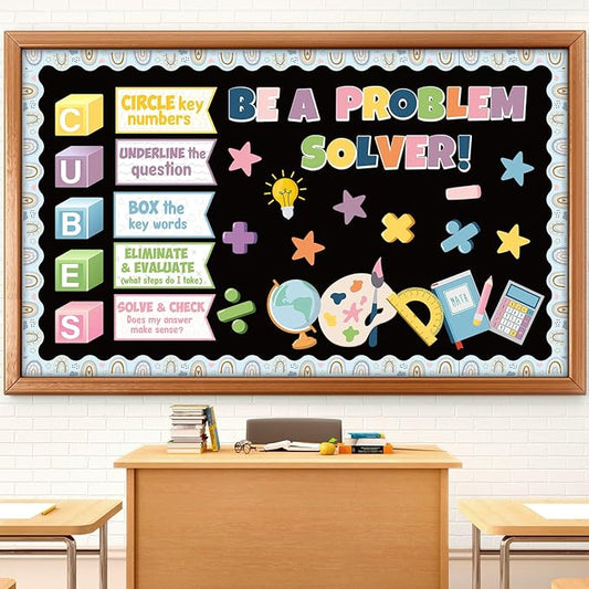 Pajean Math Bulletin Board Mathematics Cubes Classroom Decoration Be a Problem Solver Boho Cutout for Back to School First Day Window Door Wall Elementary Preschool Teacher Supplies