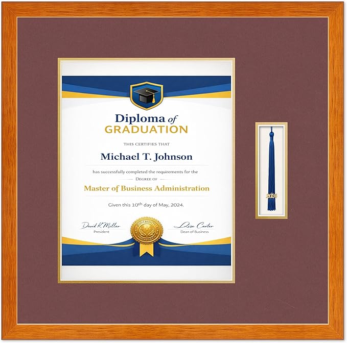 Diploma Frame with Tassel Holder Honey Oak Shadowbox Dark Red Over Gold Mat - Fits 11 x 14 Degree Made in the USA