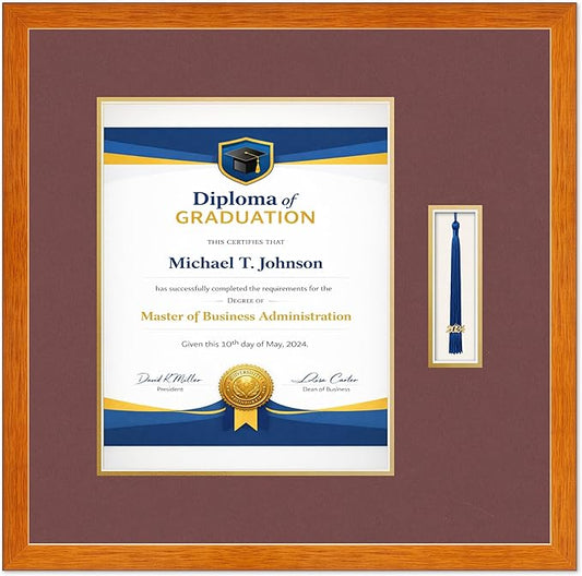 Diploma Frame with Tassel Holder Honey Oak Shadowbox Dark Red Over Gold Mat - Fits 11 x 14 Degree Made in the USA