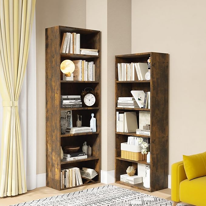 MXV Bookshelf, 6-Tier Open Bookcase, Storage Shelves, Display Storage Shelves, Floor Standing Unit, Home Decor, Furniture for Home Office, Living Room, Bedroom, Brown