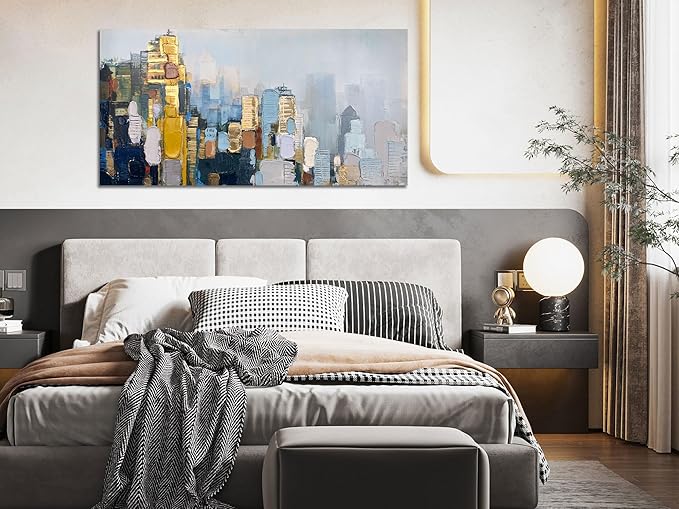 Arjun Neutral Wall Art Painting Abstract Art Wall Decor Canvas, Large Textured Skyline for Living Room Gold Painting Modern Wall Art for Men Bedroom Cityscape Artwork Home Office Wall Decor, 40"x20"