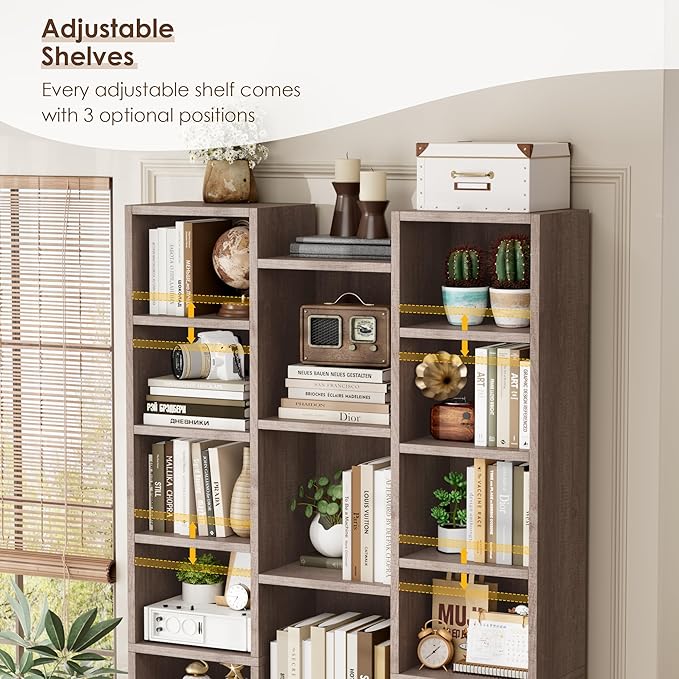 FOTOSOK 71'' Tall Bookshelf with 21 Cubes, 8 Tier Triple Wide Bookshelf with 8 Adjustable Shelves, 35" Large Bookcase DVD/CD Media Tower Storage, Freestanding Display Shelf Cabinet, Oak