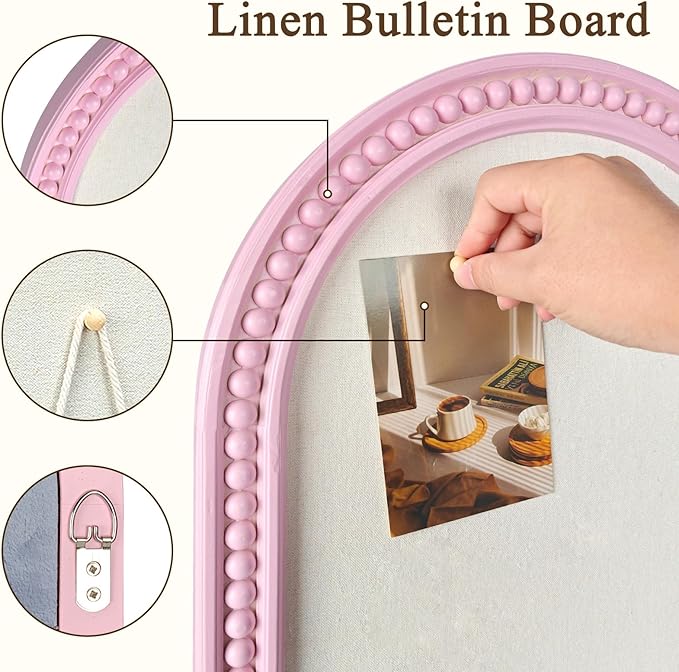 16" x 24" Linen Bulletin Board, Arched White Wood Frame with Beaded Trim, Decorative Pin Board Wall Organizer for Photos, Notes, Memo & Vision Board, 4060WH