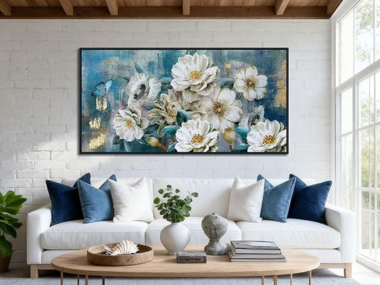 Arjun Large Black Framed Flower Canvas Wall Art for Living Room White Elegant Modern Painting for Bedroom Textured Gold Foil Turquoise Picture Floral Teal Artwork Home Office Decor, 48"x24"