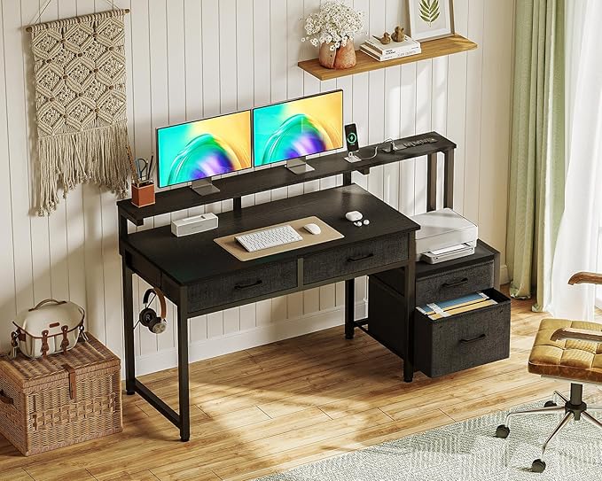 AODK Computer Desk with 4 Drawers, 48 Inch Office Desk with Printer Shelf & Built-in Power Outlet, Work Desk with Monitor Shelf for Home Small Spaces, Black