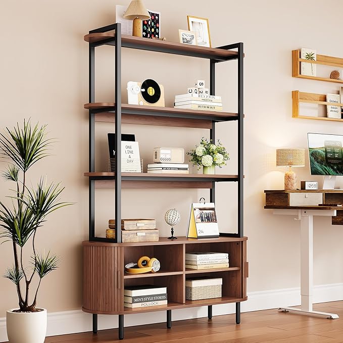 5 Tier Bookshelf with Fluted Cabinet, Tall Bookcase with Sliding Door, Metal and Wood Display Shelf, Free Standing Storage Shelving Unit, Corner Storage Organizer for Living Room, Home Office, Walnut