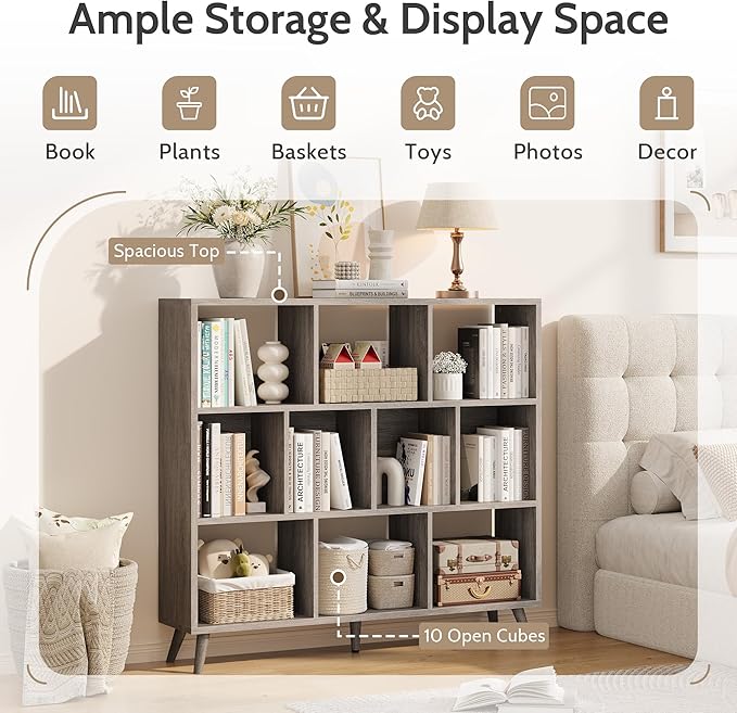 10 Cube Bookshelf, 3 Tier Wooden Book Shelf, Modern Black Short Bookcase with Solid Wood Legs, Small Book Cases Vintage Wide Storage Organizer with Open Shelf for Kids, Small Spaces, Bedroom, Office