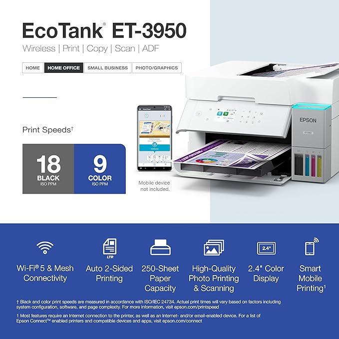 Epson EcoTank ET-3950 Wireless All-in-One Color Supertank Printer with up to 3 Years of Ink Refillable Tanks, Perfect for Home Office, 18 PPM, 2.4" Colorful Touchscreen, Auto Document Feeder - White