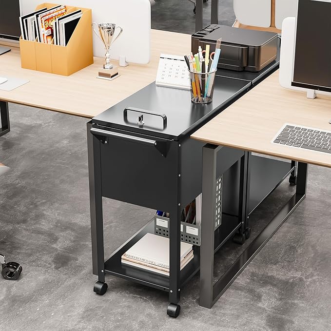 Mobile File Cabinet, 2-Tier Rolling File Cart with Wheels Hanging Files, Metal File Cabinets with Lock and Sliding Covers for A4/Letter/Legal Size, Black