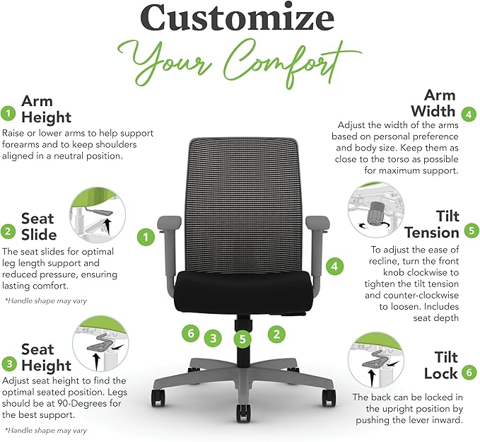 HON Ignition 2.0 Low Back Task Chair, Spectrum Mesh, Standard Synchro-Tilt Control, Office Chair with Lumbar Support, Height and Width Adjustable Arms, Titanium Frame, Leaf