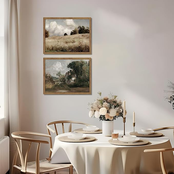 Framed Vintage Landscape Wall Art Set of 2, Rustic Farmhouse Field Canvas Wall Decor Paintings, Retro Nature Country Artwork Prints Pictures for Living Room Bedroom Home Decor 16x24 Inch