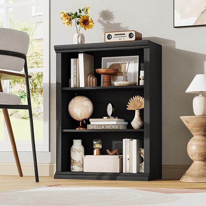 Rresyet 3 Tier Bookcase 27.6" W Bookshelf Wooden Bookshelves Floor Standing Small Book Shelves for Home Office, Living Room, Bedroom, Black
