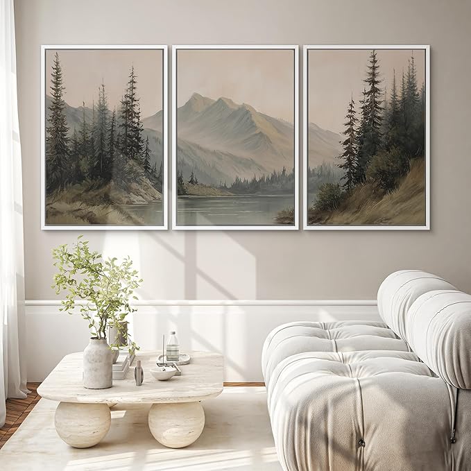 SIGNWIN Framed Canvas Print Wall Art Set Tranquil Pine Forest Mountain Lake Landscape Illustrations Modern Art Decorative Nordic Abstract for Living Room, Bedroom, Office - 24"x36"x3 White