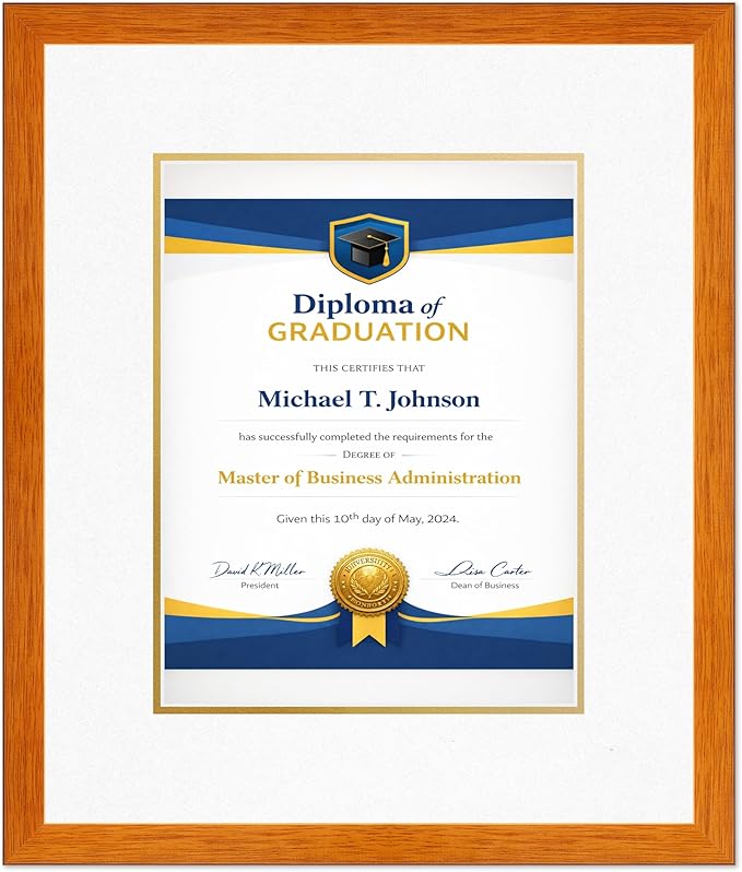 Diploma Frame Honey Oak with Oyster Shell Over Gold Double Mat - Fits 10 x 13 College Diploma (Portrait Traditional) Wall Display Made in the USA