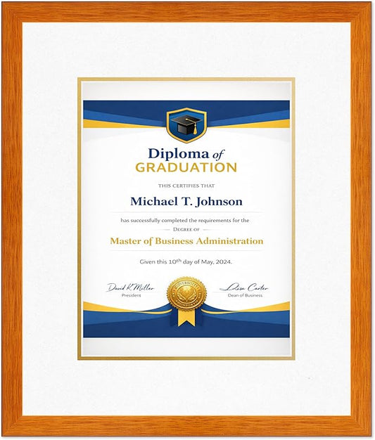 Diploma Frame Honey Oak with Oyster Shell Over Gold Double Mat - Fits 10 x 13 College Diploma (Portrait Traditional) Wall Display Made in the USA