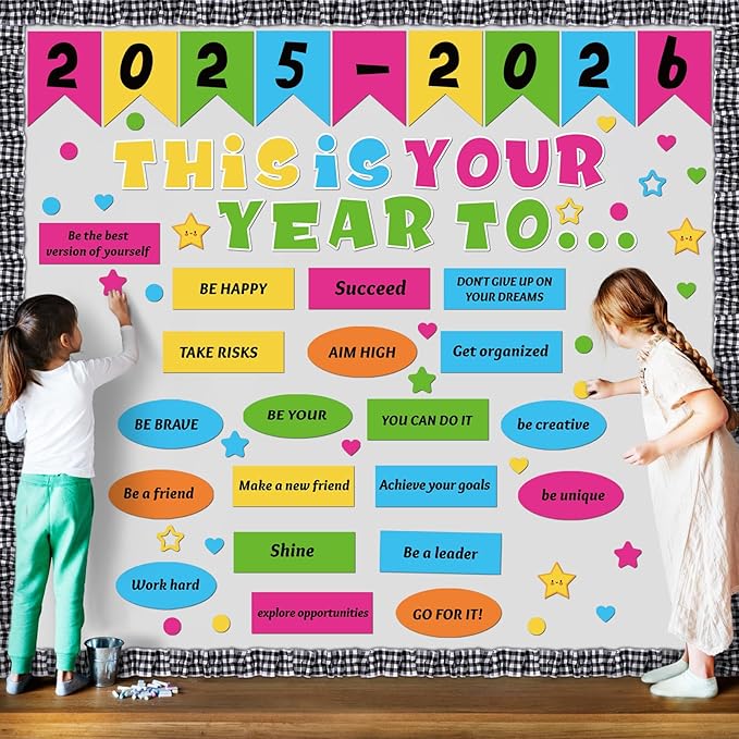 81 Pcs This is Your Year Bulletin Board Set Classroom Bulletin Board Decor Back to School Inspirational Cutouts with White Black Burlap Border for School Office Chalkboard Wall Decor