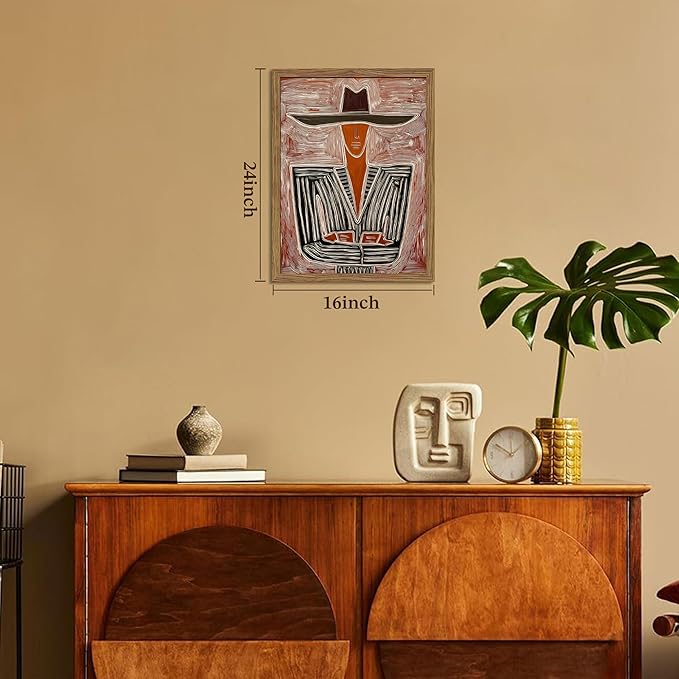 Framed Abstract Cowboy Wall Art, Vintage Western Striped Canvas Wall Decor Painting, Minimalist Southwestern Line Artwork Prints Pictures for Bedroom Living Room 16x24 Inch
