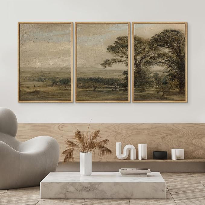 SIGNWIN Framed Canvas Print Wall Art Set Vintage Countryside Landscape Classic Pastoral Scenery Illustrations Modern Art Decorative Abstract for Living Room, Bedroom, Office - 24"x36"x3 Natural