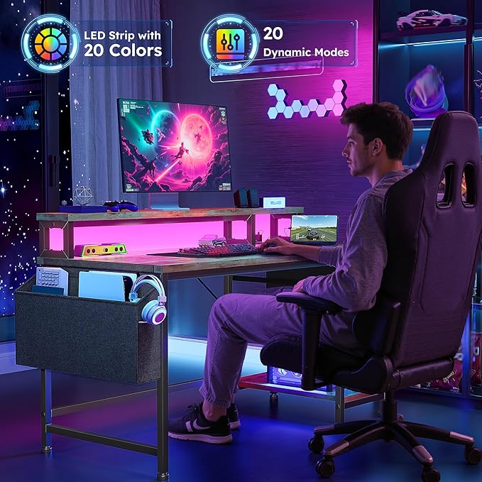 40" Computer Desk with LED Strip, Gaming Desk with Drawers & Storage Bag, Office Desk with Power Outlets & Monitor Stand, Home Office Desks for Bedroom, Gaming Room, Rustic Brown