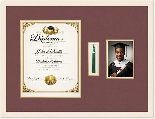 Diploma Tassel and Photo Shadowbox Fits 11 x 14 College Diploma (Portrait) with Ta Coastal Whitewash Genuine Hardwood with Dark Red Over Metallic Gold Double mat