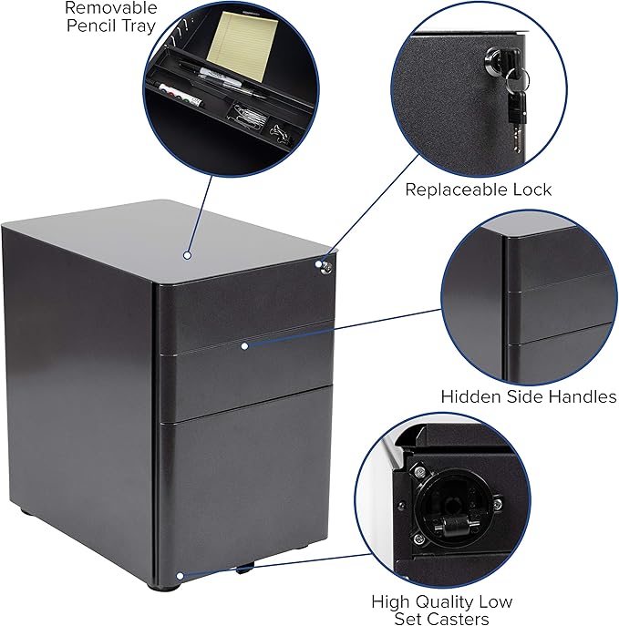EMMA + OLIVER Modern 3-Drawer Mobile Locking Filing Cabinet Storage Organizer-Black