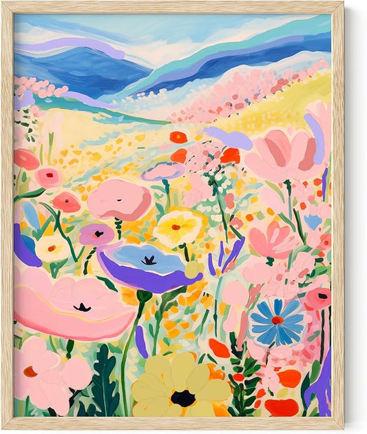 HAUS AND HUES Floral Art Wall Decor - Wildflowers Wall Art for Living Room, Floral Artwork for Bedroom Walls, Flower Painting for College Girls Dorm Room (Valley, Beige Frame, 11x14)