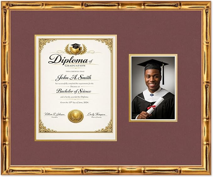 CountryArtHouse Fits 8.5 x 11 Certificate (Portrait) and 5 x 7 Photo Diploma and Photo Frame Gold Bamboo Genuine Hardwood with Dark Red Over Metallic Gold Double mat