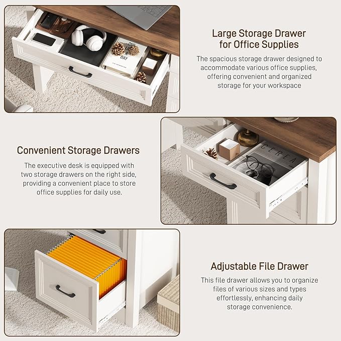 Vabches Farmhouse Executive Desk with Drawers, Home Office Desk with File Drawer, Wood Computer Desk with Ample Storage, Rustic Office Desk with Spacious Tabletop for Work, White