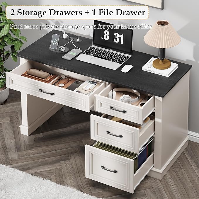 Farmhouse 47" Executive Desk, Computer Desk with Drawers and File Drawer, Workstation Computer Desk with Charging Station for Home Office, Study,(Black