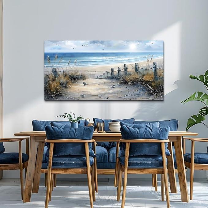 FUHAIHUA Canvas Wall Art For Living Room Wall Decorations For Bedroom Office Decor Beach Wall Paintings Blue Ocean Sea Wave Pictures Artwork For Modern Framed Posters Aesthetic Home Decor 20X40 In