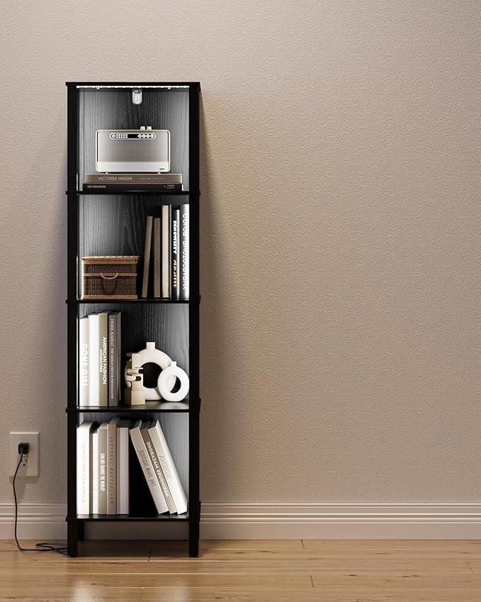 Bookshelf with LED Lights, Modern 4-Tier Bookcase, Open Storage Book Shelf, 11 × 14.2 × 50.4 Inches, Small Narrow Bookshelves for Living Room, Home Office, Bedroom, Black