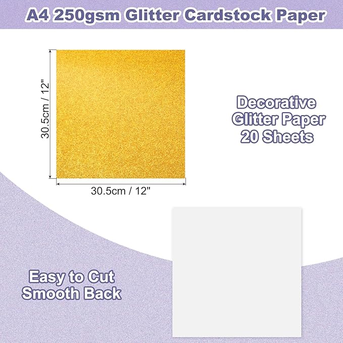 PATIKIL 20Sheets Gold Glitter Cardstock, 12x12In Glitter Paper Card Stock Shiny Scrapbook 250gsm Sparkly Paper Large Shimmer for Crafts Scrapbook DIY Art Wedding Party