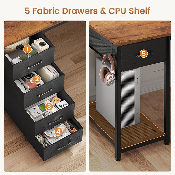 57" L Shaped Desk with 5 Drawers, Reversible Computer Corner Desk with Storage & Power Strip for Home Office, 78.7" Long 2 Person Desk, Rustic Brown