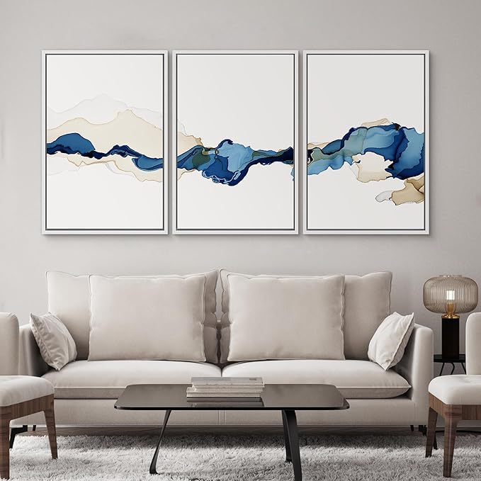 SIGNWIN 3 Piece Framed Canvas Wall Art Blue and Brown Watercolor Nature Wilderness Illustrations Abstract Traditional Relax/Calm Home Artwork Decoration for Living Room,Bedroom - 16"x24"x3 White