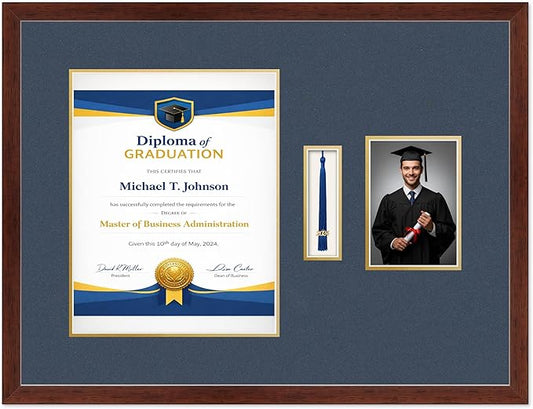 Diploma Tassel and Photo Frame Rustic Walnut Shadowbox Navy Blue Over Gold Mat - Fits 11 x 14 Degree Picture Made in the USA