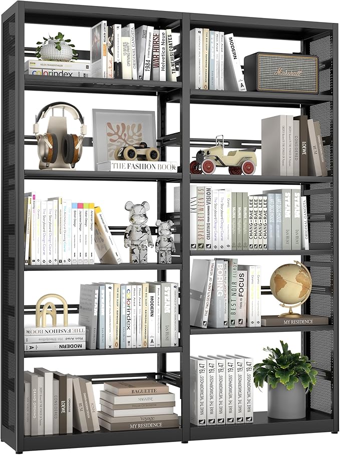 Large 5 Shelf Bookcase, Metal 5 Tier Bookshelf with Bookends, 54 Inch Wide Book Case, Tall Book Shelf Organizer, Black Bookcases for Library, Home Office, School, Clinic-Assemble Required
