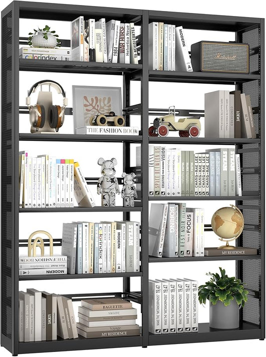 Large 5 Shelf Bookcase, Metal 5 Tier Bookshelf with Bookends, 54 Inch Wide Book Case, Tall Book Shelf Organizer, Black Bookcases for Library, Home Office, School, Clinic-Assemble Required