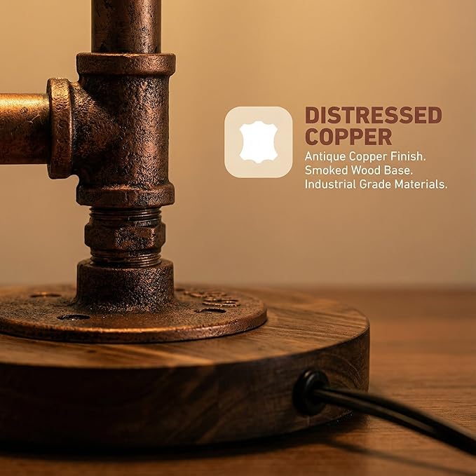 mini Steampunk Compact Copper Pipe Table Lamp with Decorative Pressure Gauge (Wood Base) QTF-BT03