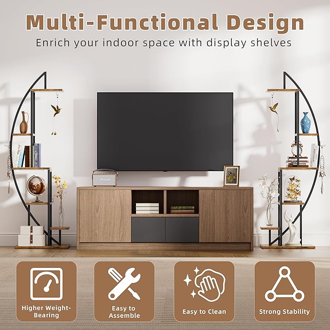 Bookshelf with Lights, 2 Pack Unique Bookshelves, 63" Ladder Tall Book Shelf, 6 Tier Arched Bookcase for Collectibles, Half-Moon Wide Display Book Stands for Bedroom Living Room, Rustic Brown