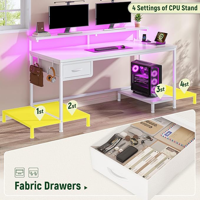39.3Inch Computer Desk with Power Outlet & Drawer,Gaming Desk with CPU Stand& LED Lights,Corner Office Desk with Ergonomic Monitor Stand for Home Work, Study and Gaming, Small Spaces,White