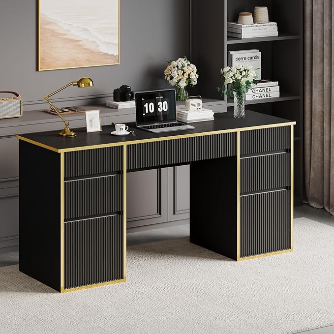 Black Computer Desk with Drawers, 58 Inch Home Office Desk with File Drawers for Bedroom, Executive Desk with Storage for Study, Black and Gold