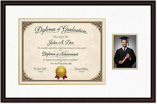Diploma Frame With Photo Opening Executive Brown Oyster Shell Over Gold Mat - Fits 17 x 13 Degree and Picture Made in the USA