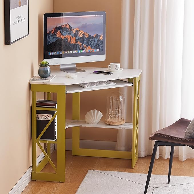 VECELO Corner Computer Desk 41 x 30 inches with Smooth Keyboard & Storage Shelves for Home Office Workstation,White & Gold