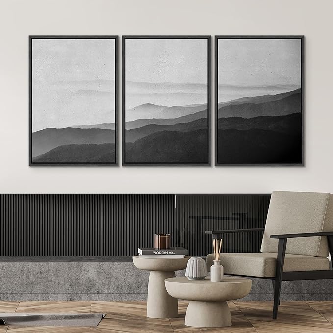 SIGNWIN Framed Canvas Print Wall Art Side of Mountain in Mist Nature Rocky Cozy Neutral Minimalism Contemporary Black and White for Living Room, Bedroom, Office - 24"x36"x3 Black