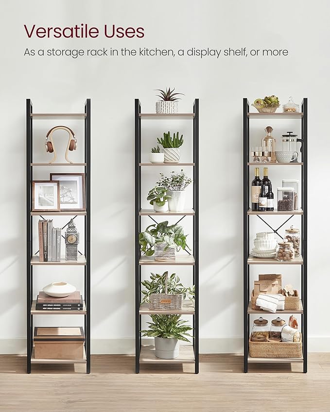 VASAGLE 6-Tier Bookshelf, Bookcase with Steel Frame, Book Shelf for Living Room, Home Office, Study, 11.8 x 15.7 x 73.2 Inches, Industrial Style, Heather Greige and Ink Black ULLS101B02
