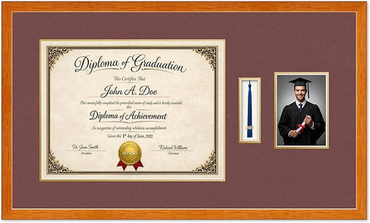 Diploma Tassel and Photo Frame Honey Oak Shadowbox Dark Red Over Gold Mat - Fits 17 x 13 Degree Picture Made in the USA