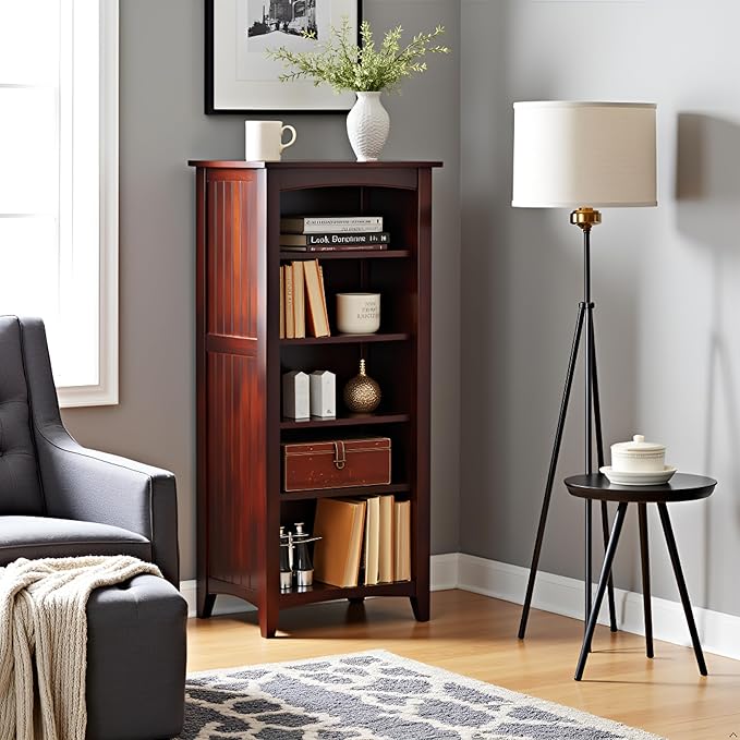 Shaker Cottage 4-Shelf Bookcase – Classic Wood Bookshelf with Beadboard Side Panels, Tapered Legs, and Open Storage for Living Room, Office, or Kids Room by Alaterre Furniture (Espresso Finish)