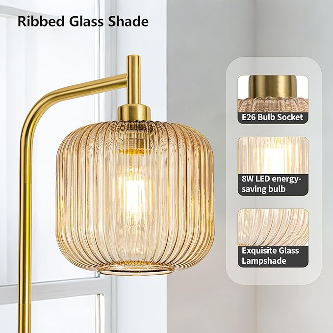 MAYNA Mid Century Modern Floor Lamp, Amber Ribbed Glass Standing Lamp with Built-in Timer Switch, Gold Tall Vintage Lamps for Living Room Bedroom, 2700K LED Bulb Included