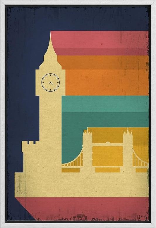 IDEA4WALL Framed Canvas Print Wall Art Retro Vintage British Big Ben Poster Cultural Building Illustrations Modern Art Contemporary Scenic Warm for Living Room, Bedroom, Office - 16"x24" WHITE